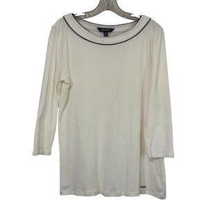 Ellen Tracy Cream Off White Blouse with Black Trim EUC